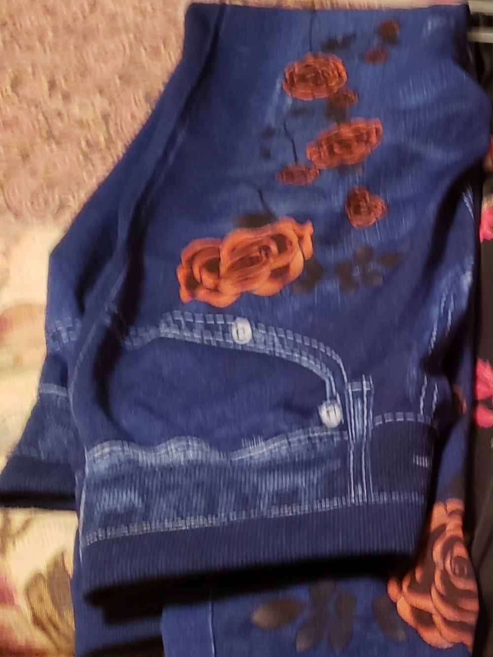 Blue Floral Women’s Jeans Leggings - Orange Rose Print